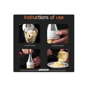 Picador manual de ajo en acción, mostrando pasos para picar alimentos y obtener trozos pequeños.