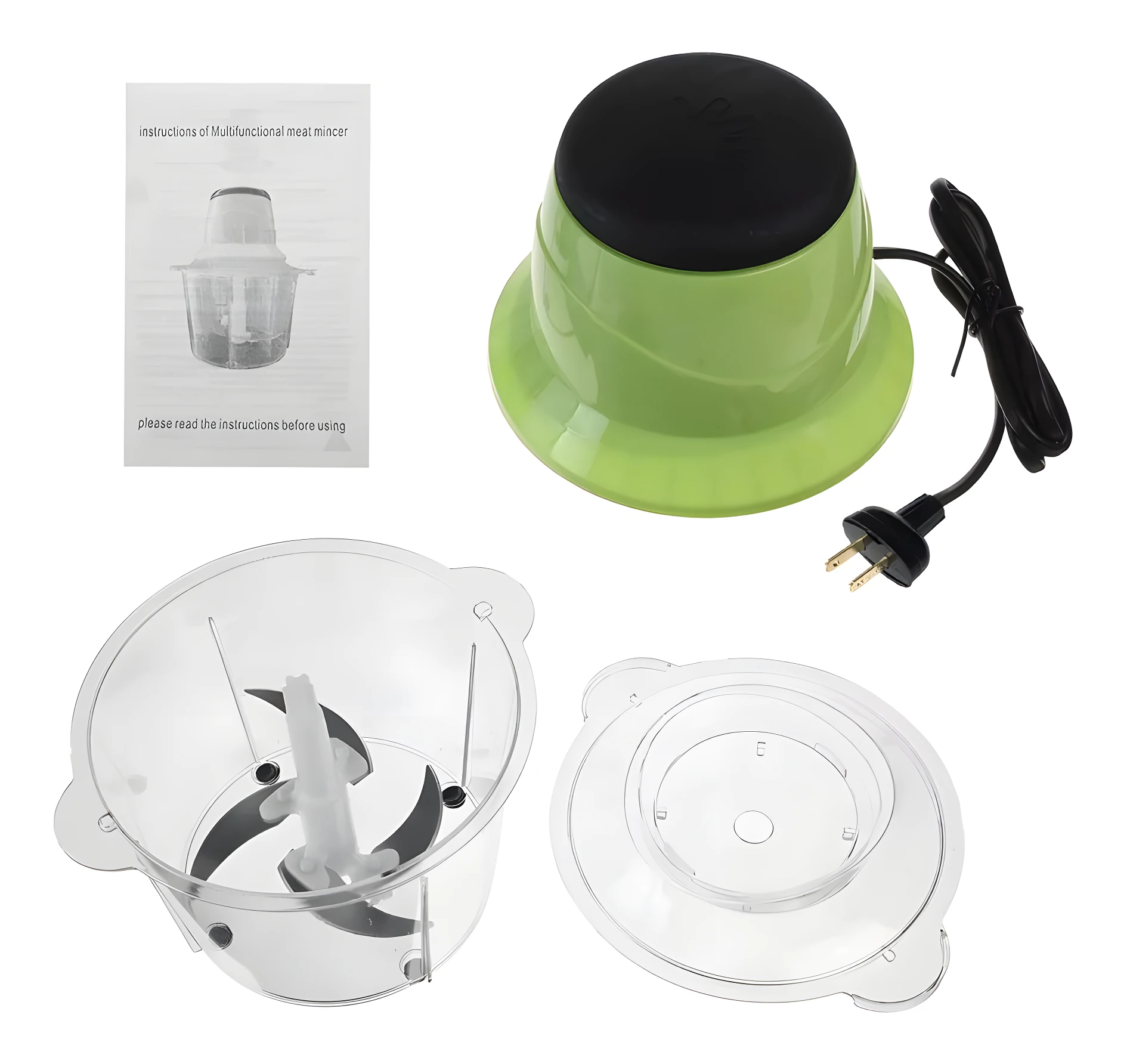 Picador eléctrico verde y transparente con cuchillas, tapa y manual de instrucciones.