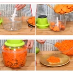 Picador eléctrico para vegetales con cuchillas de metal y recipiente transparente.