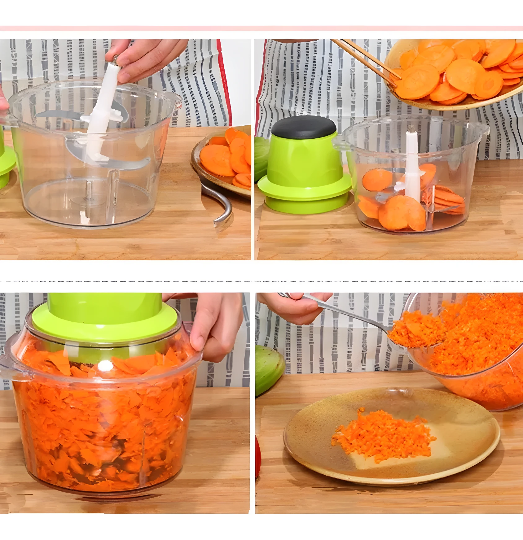 Picador eléctrico para vegetales con cuchillas de metal y recipiente transparente.