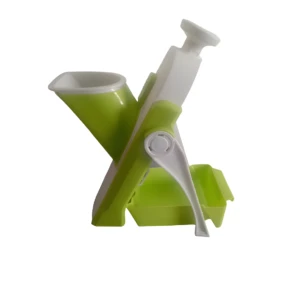 Picador vertical multifuncional de verduras verde y blanco, con recipiente recolector y empujador.