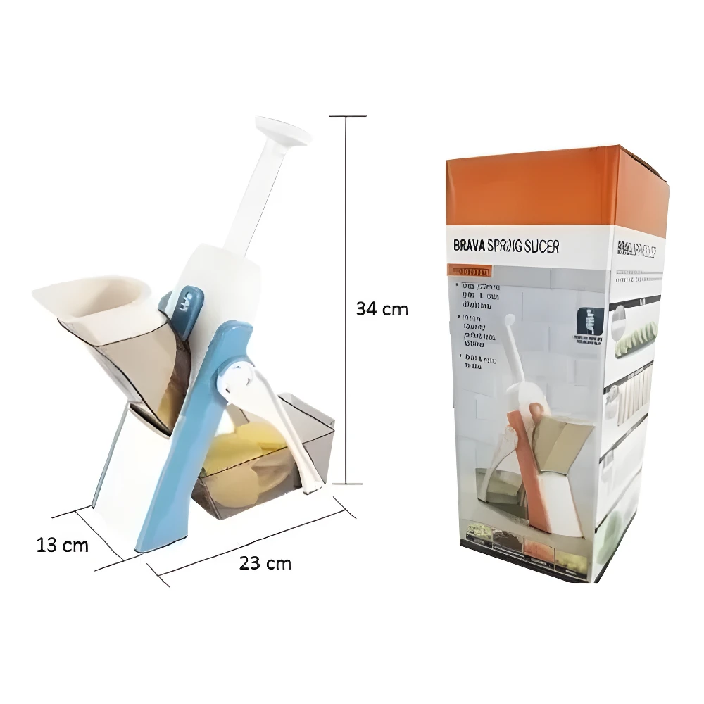Picador vertical de verduras azul y blanco con medidas de 34 cm de alto, 13 cm de ancho y 23 cm de largo.