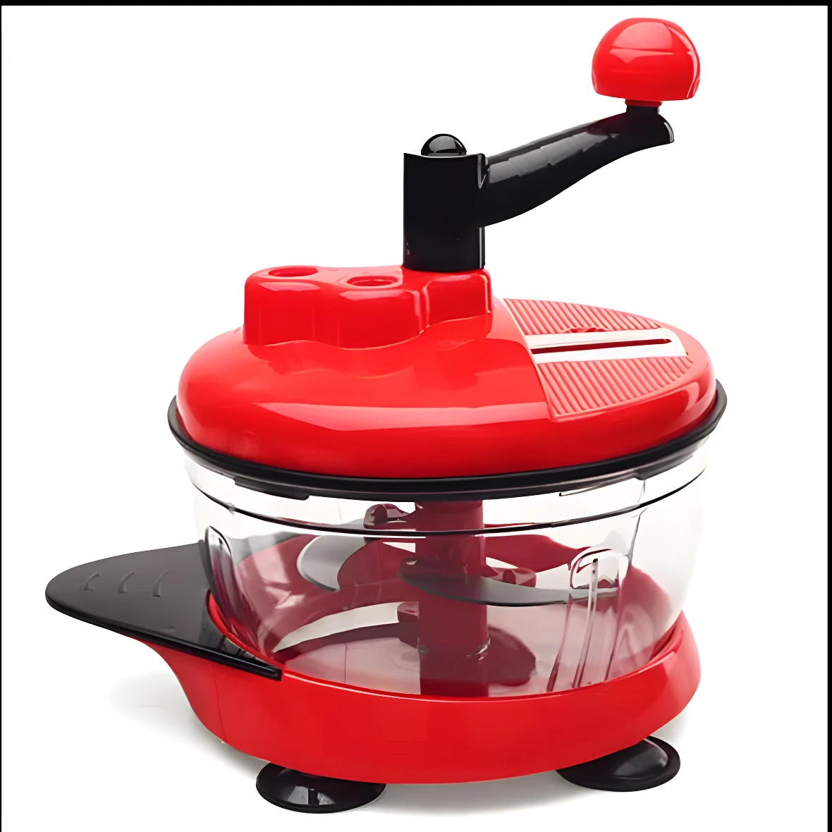 Picadora de alimento manual roja con manivela, cuchillas y base transparente, ideal para picar y rallar.