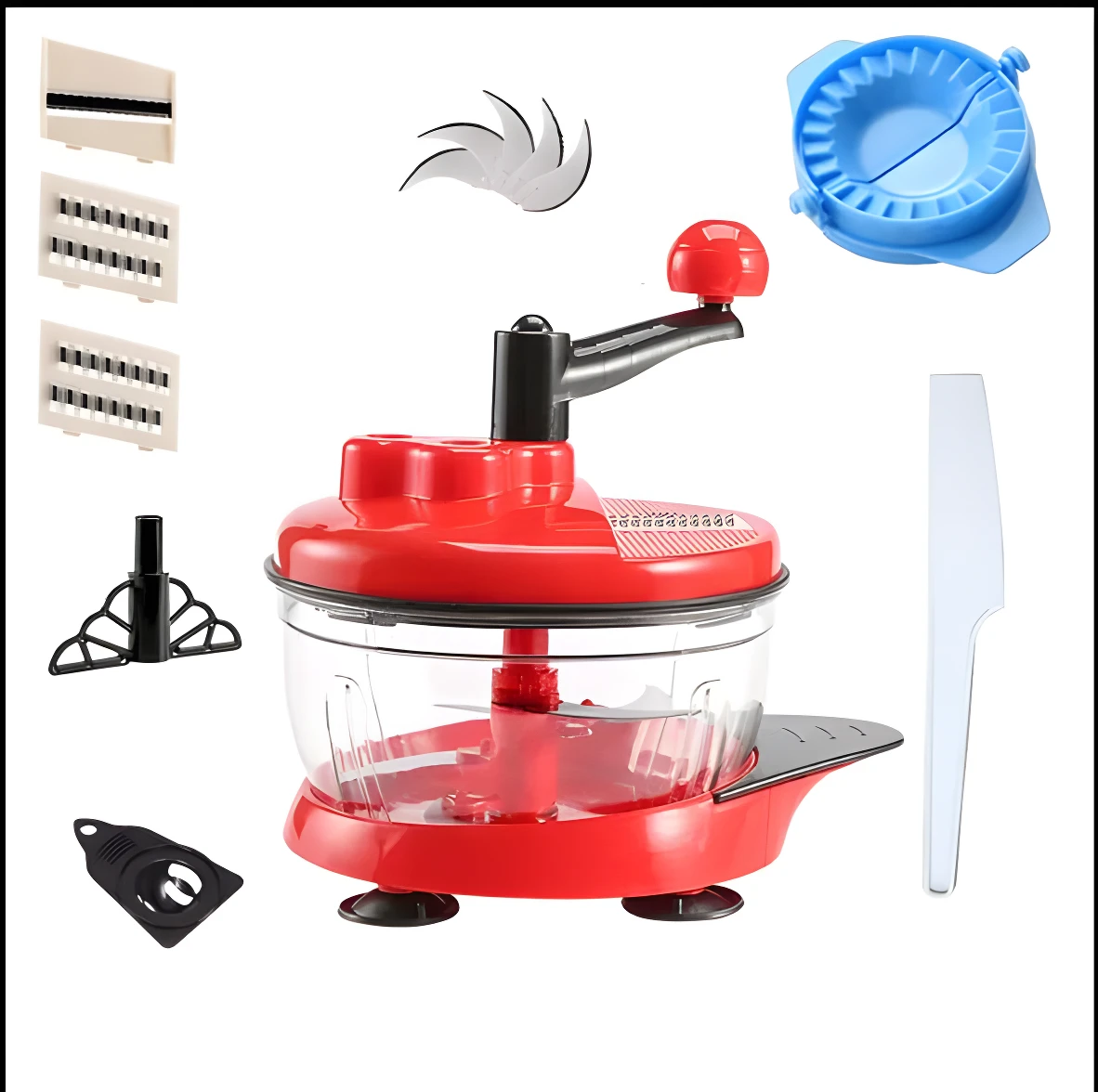 Picadora manual roja con accesorios para rallar, cortar y moldear, 5 en 1, para preparar comidas.