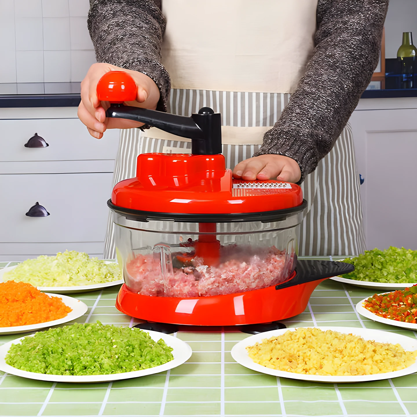 Picadora de alimento manual roja en uso, rodeada de platos con vegetales picados y carne molida.