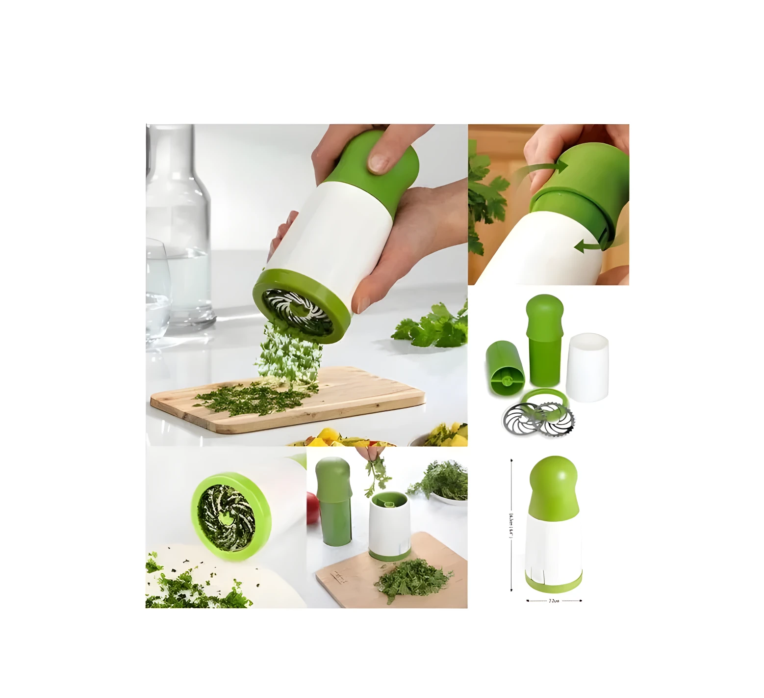 Picadora manual de hierbas, verde y blanco, con cuchillas circulares. Incluye dos unidades.
