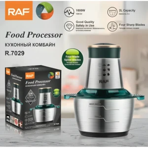 Picador procesador eléctrico RAF R.7029 plateado con tapa verde, 1000W, 2L de capacidad.
