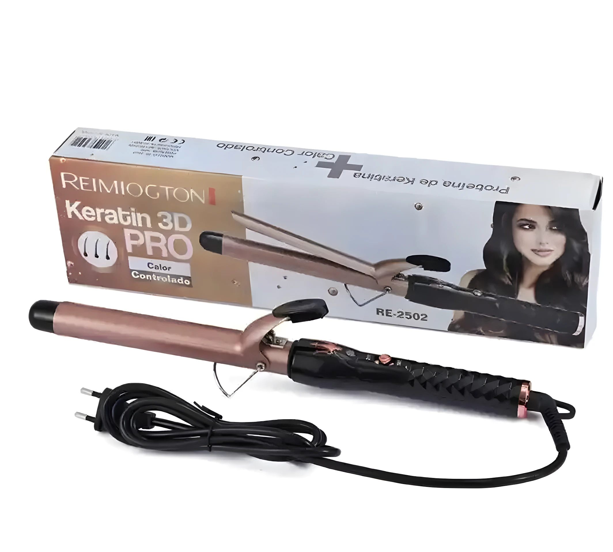 Pinza rizadora Keratina 3D Pro color oro rosa con mango negro texturizado, junto a su caja rectangular que incluye modelo RE-2502 y cable de alimentación.