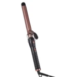 Pinza rizadora color oro rosa con mango negro de textura geométrica, cuenta con clip de sujeción y cable, diseñada para peinados profesionales.