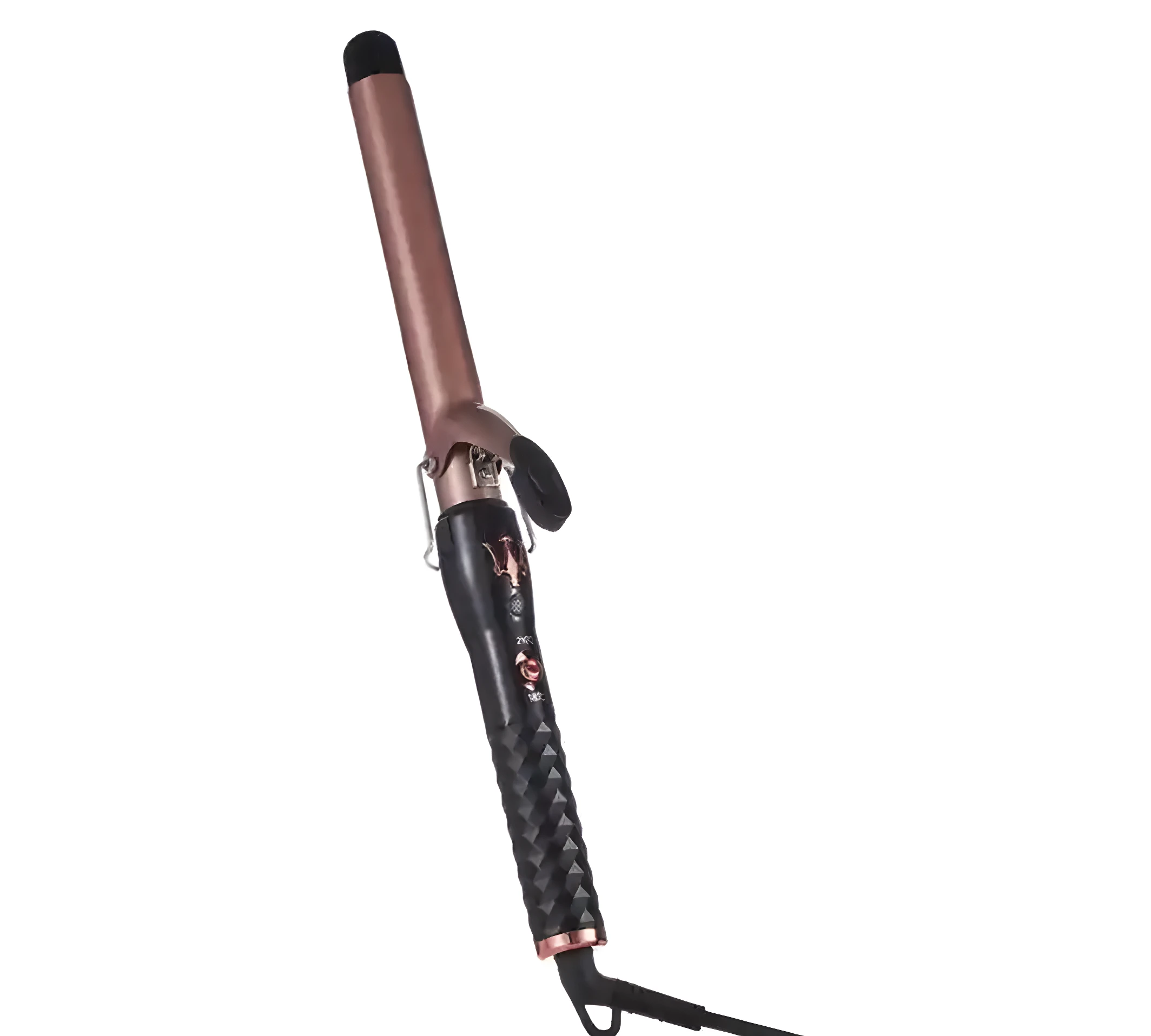 Pinza rizadora color oro rosa con mango negro de textura geométrica, cuenta con clip de sujeción y cable, diseñada para peinados profesionales.