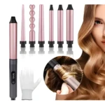 Set de rizador 6 en 1 con mango gris, seis cilindros intercambiables color rosa, guante protector y detalle en círculo que muestra el uso en cabello.