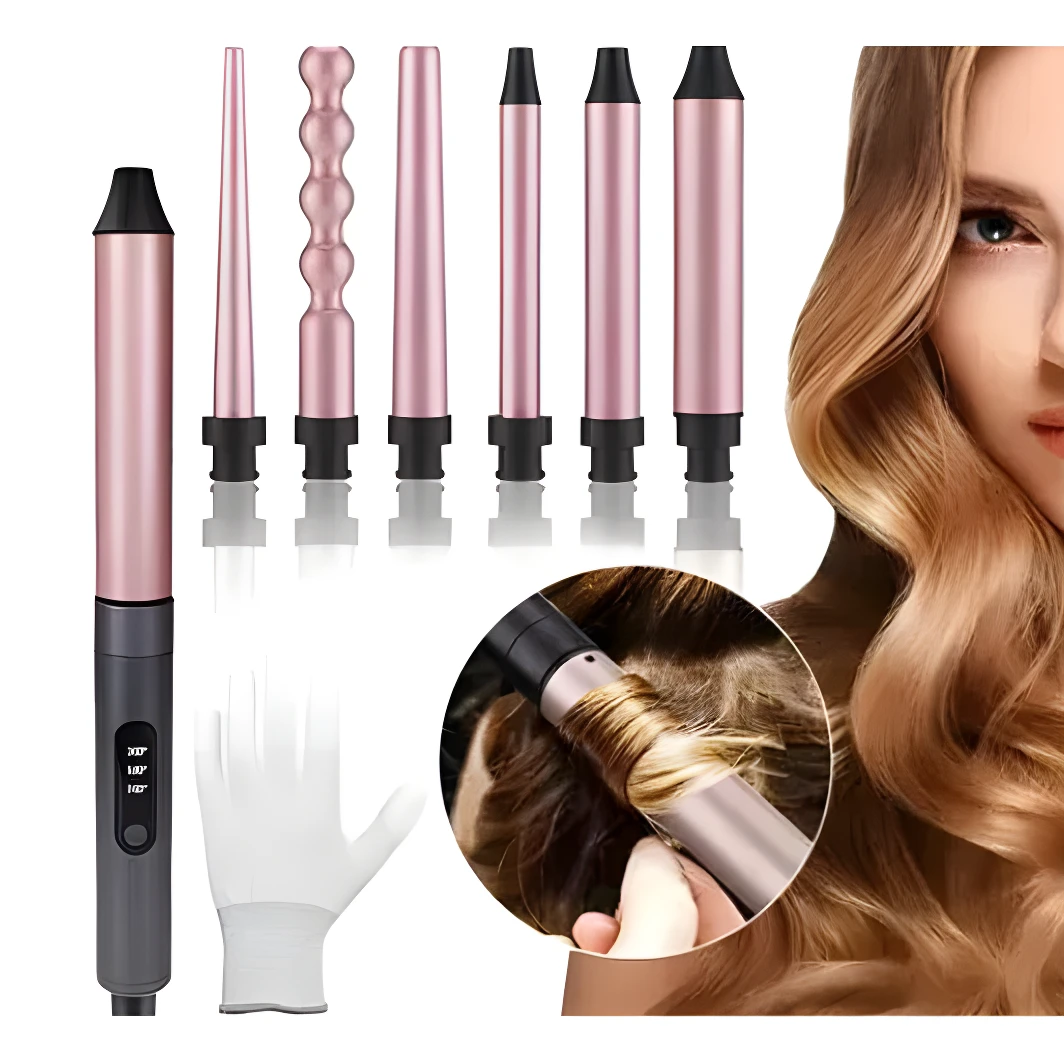Set de rizador 6 en 1 con mango gris, seis cilindros intercambiables color rosa, guante protector y detalle en círculo que muestra el uso en cabello.
