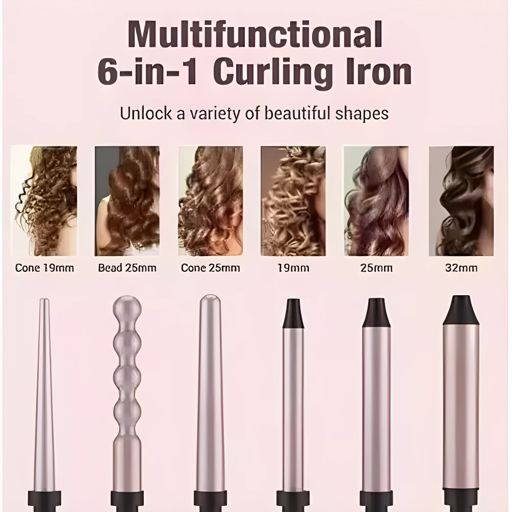 Rizador multifuncional 6 en 1 con seis cabezales intercambiables de 19mm a 32mm, incluyendo formas cónicas, esféricas y cilíndricas para diferentes ondas.