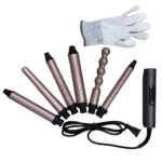 Set de rizador 6 en 1 color oro rosa con mango ergonómico, cinco cabezales intercambiables de diversos grosores, cable negro y guante protector térmico.