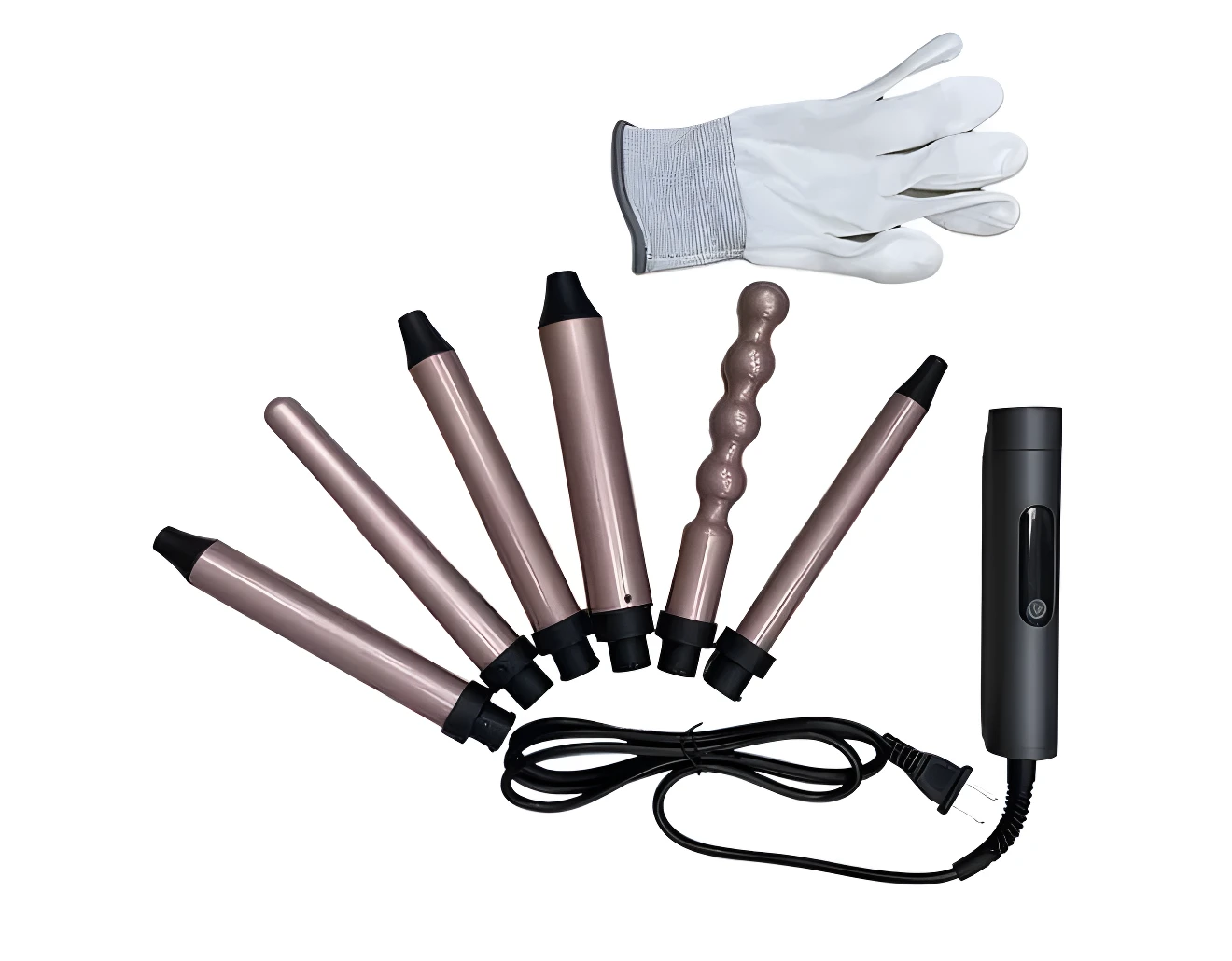 Set de rizador 6 en 1 color oro rosa con mango ergonómico, cinco cabezales intercambiables de diversos grosores, cable negro y guante protector térmico.