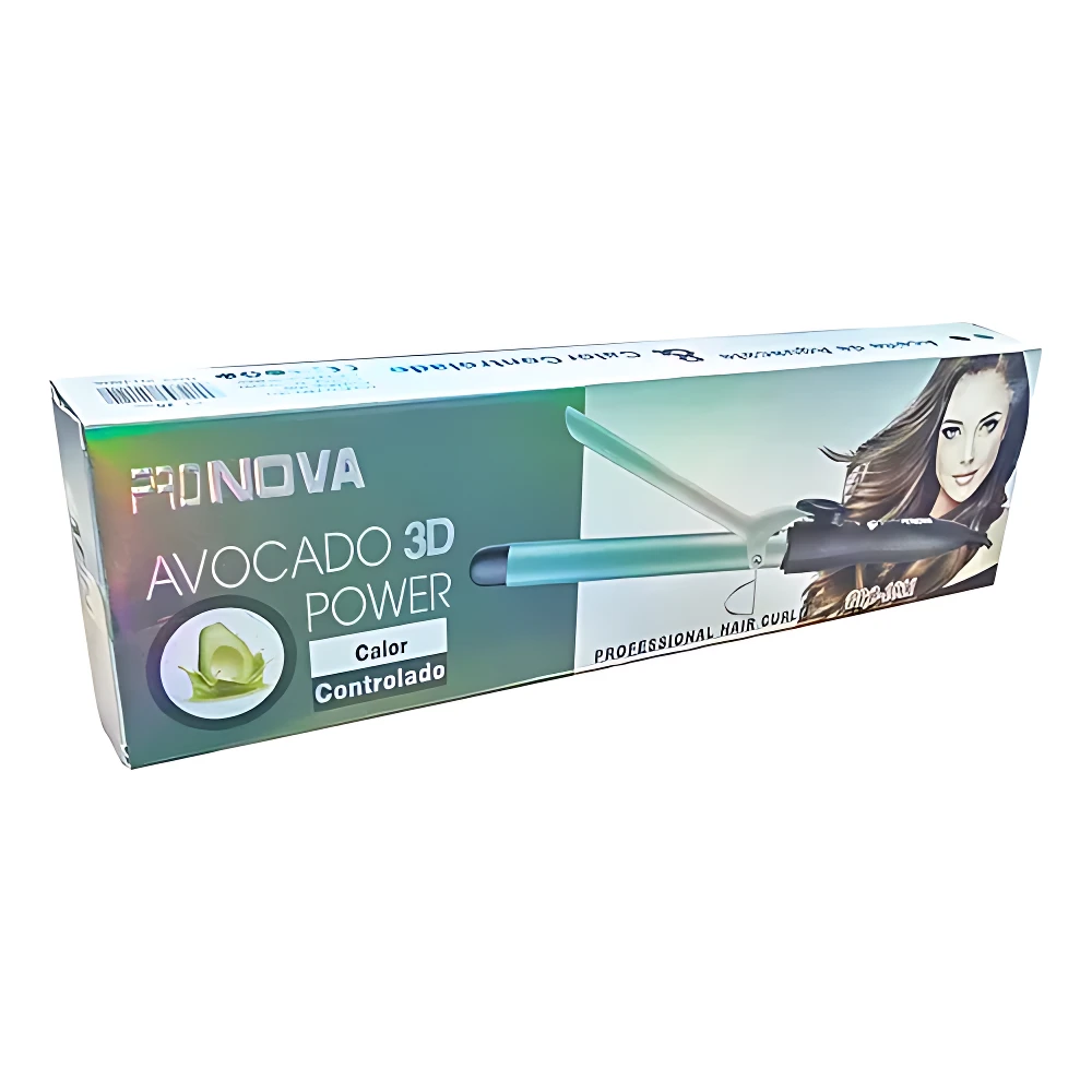 Pinza rizadora Pronova Avocado 3D Power en caja, con diseño verde turquesa y figura de aguacate.