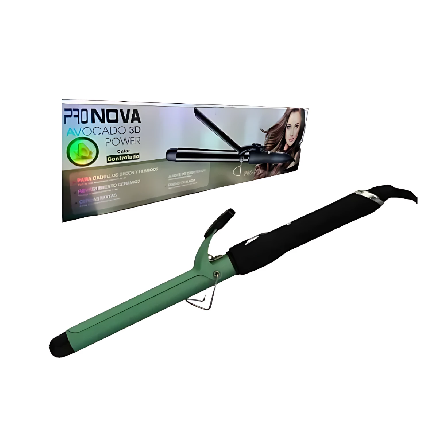 Pinza rizadora de cabello verde con aguacate y macadamia, ideal para rizos definidos y saludables.