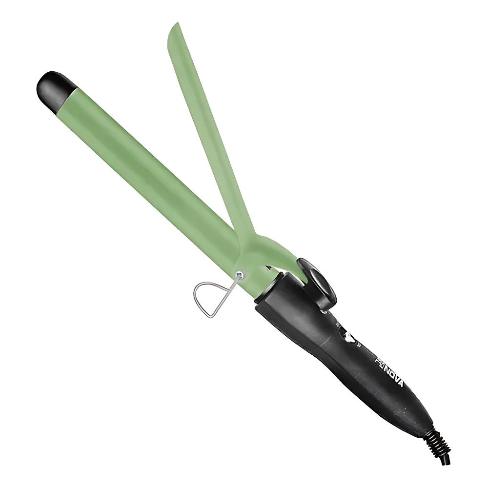 Pinza rizadora de cabello verde claro con mango negro, ideal para crear rizos definidos.