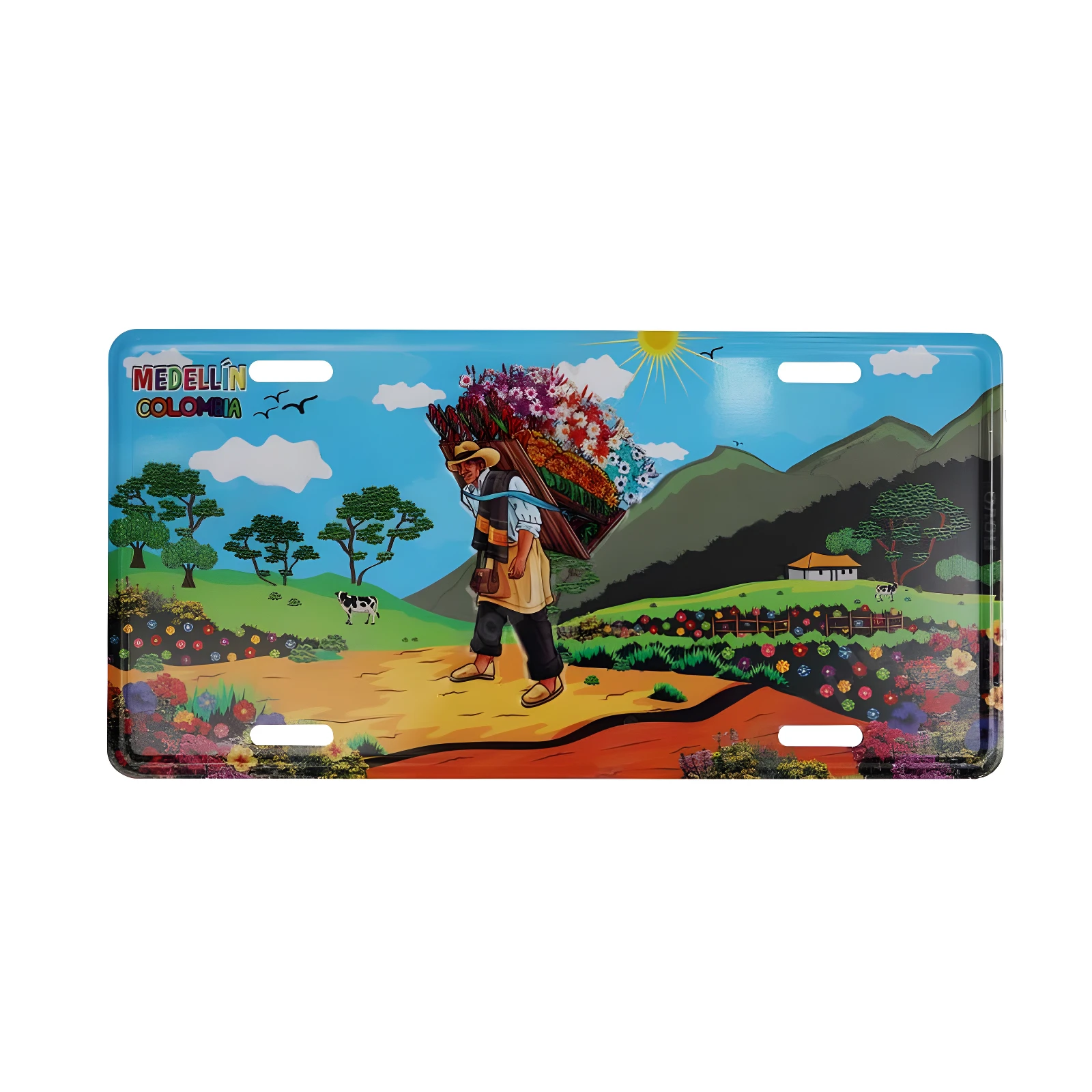 Placa metálica decorativa Medellín Colombia, hombre con flores, paisaje rural, 30x15 cm.