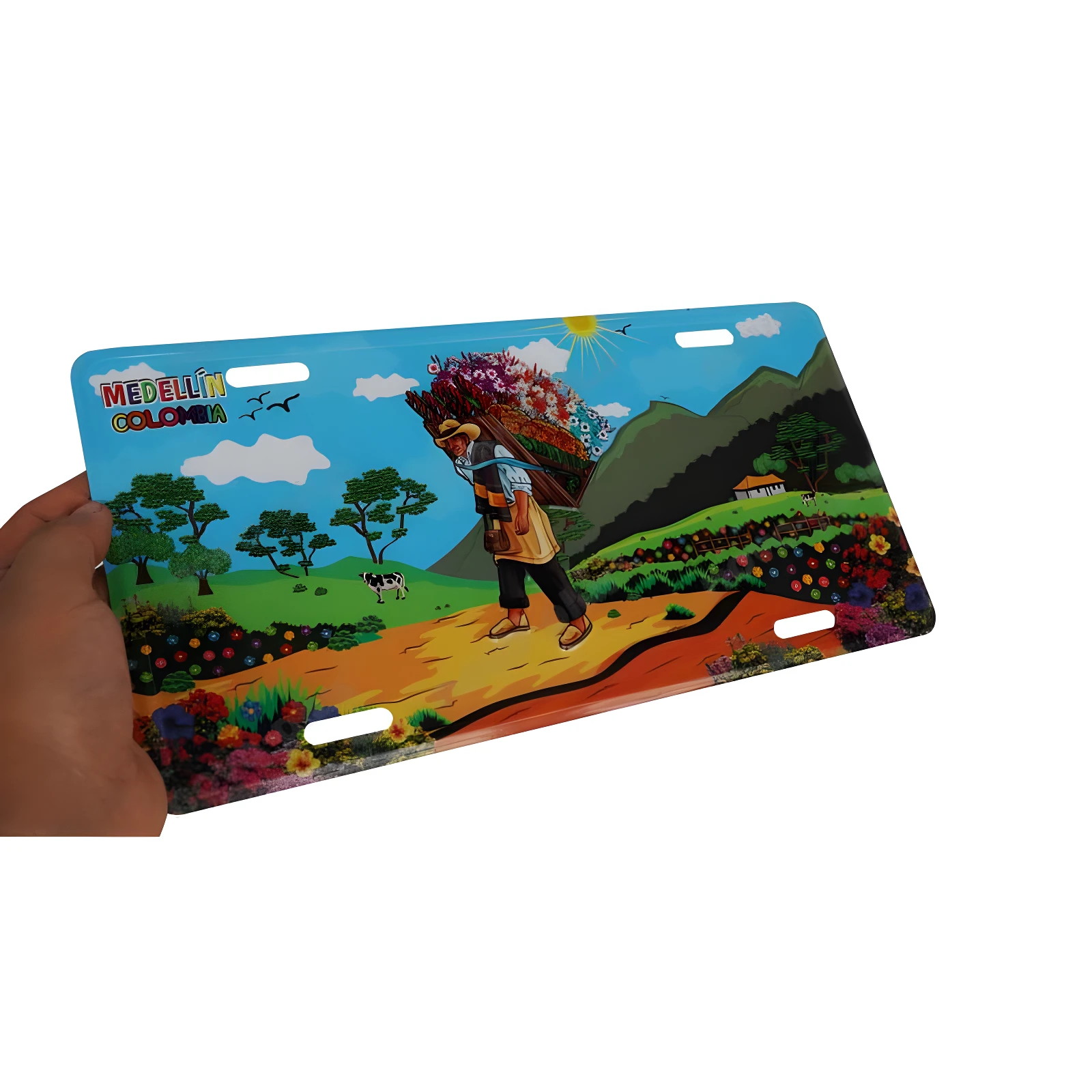 Placa metálica decorativa Medellín Colombia, paisaje con floricultor y montañas, 30x15 cm.
