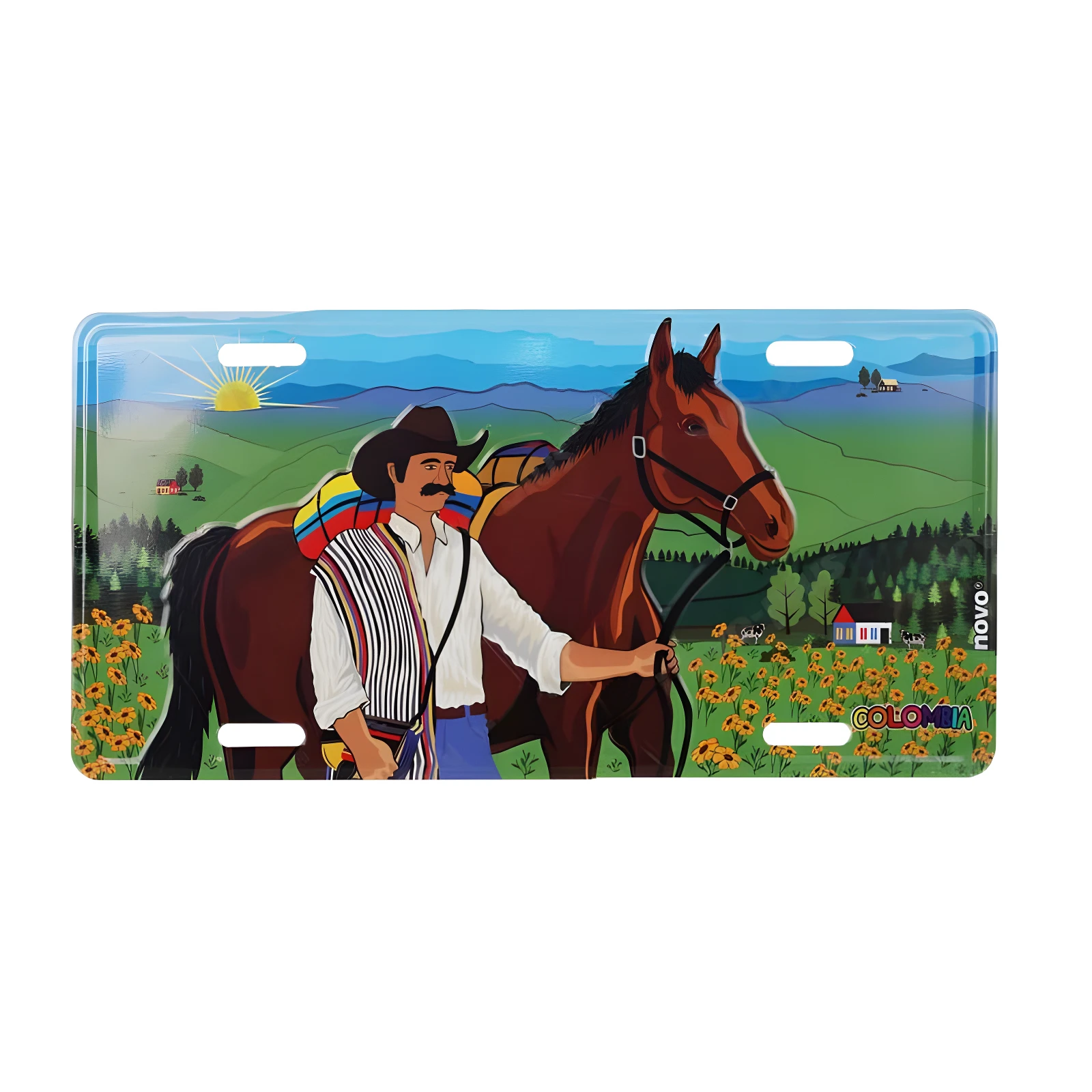 Placa metálica decorativa 30x15cm, vaquero colombiano con caballo en paisaje rural y flores amarillas.