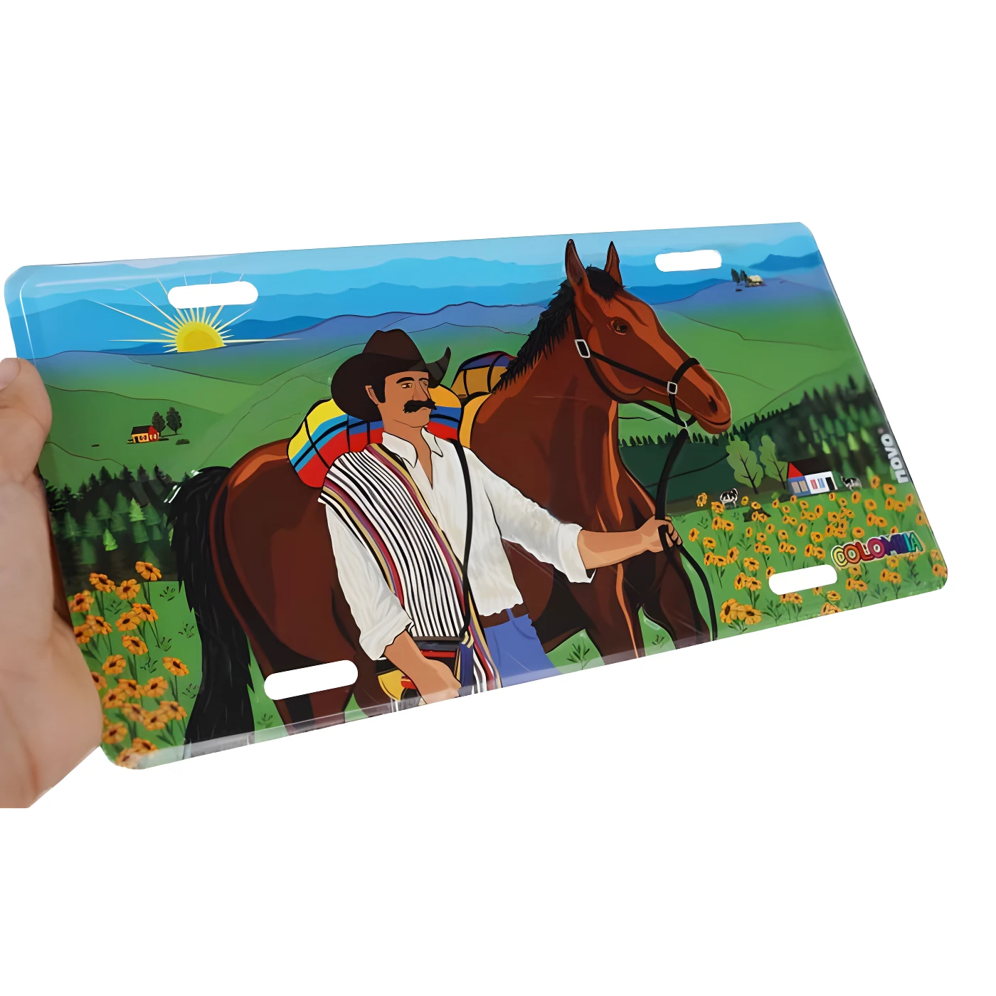 Placa metálica decorativa 30x15cm con diseño de campesino colombiano y caballo, fondo de paisaje rural con girasoles.