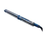 Plancha de cabello Erza azul y plateada profesional con núcleo cerámico, diseño elegante para alisado brillante.