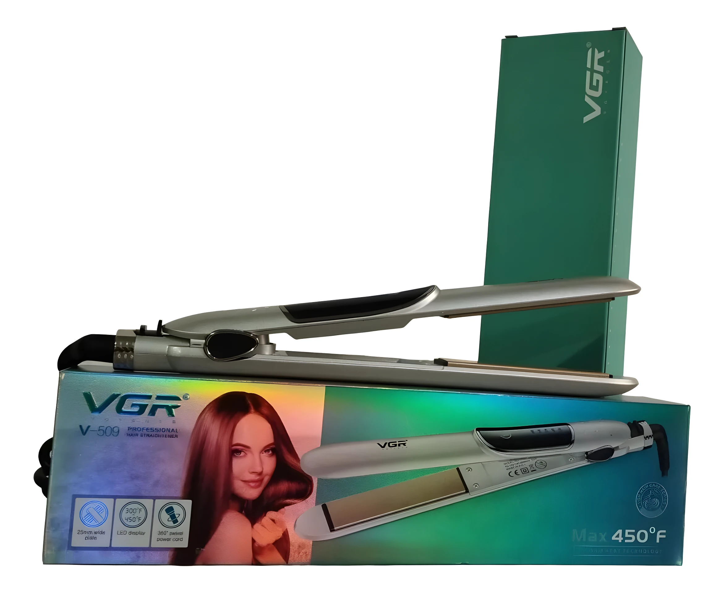 Plancha de cabello VGR V-509 profesional, color plateado, con placa de cerámica ionizada y pantalla LED.