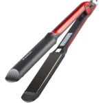 Plancha de cabello Kemei negra y roja con placas de cerámica para un liso perfecto.
