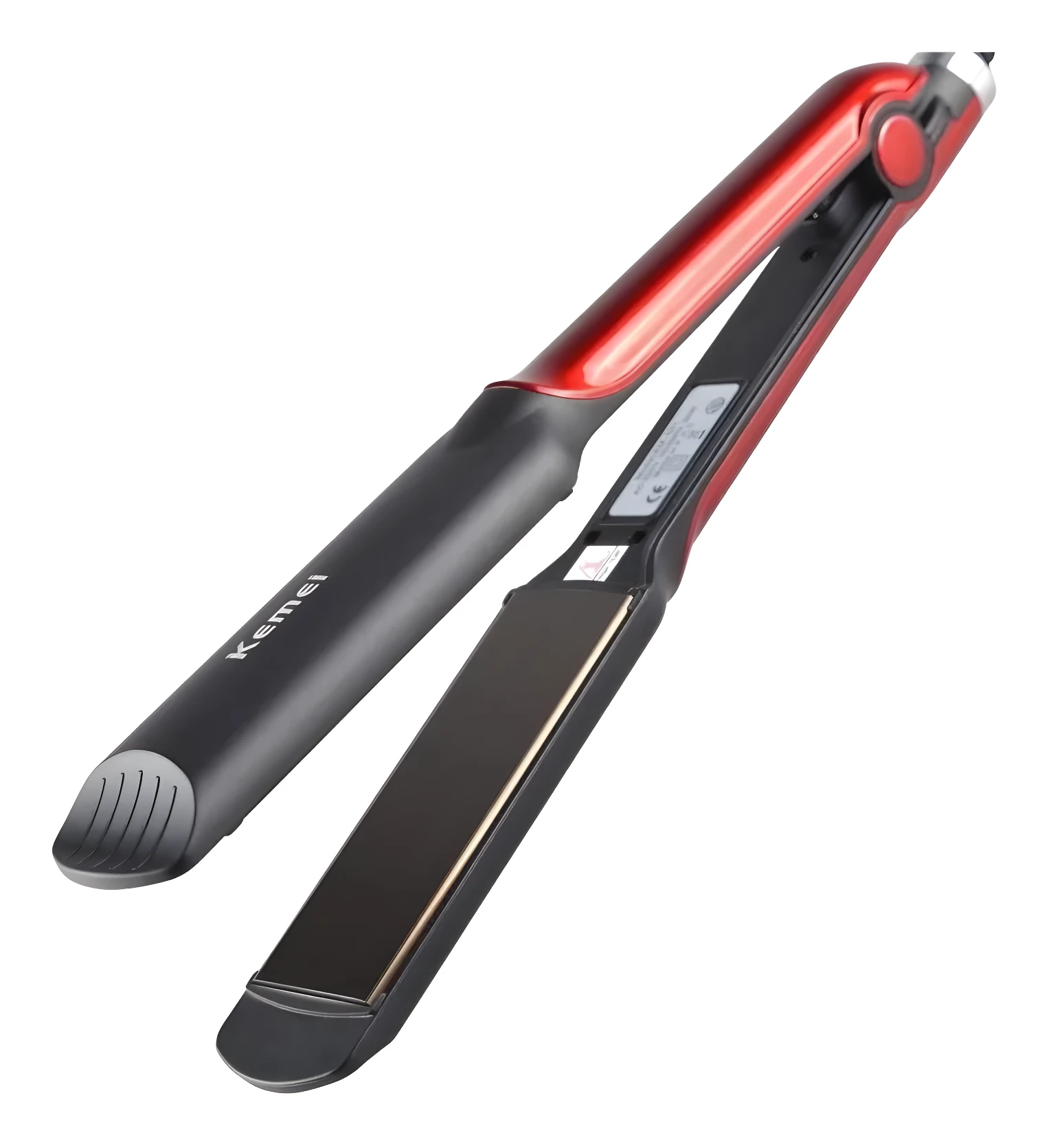 Plancha de cabello Kemei negra y roja con placas de cerámica para un liso perfecto.