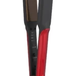 Plancha de cabello Remington roja, dos placas doradas, control de temperatura y botón de encendido.