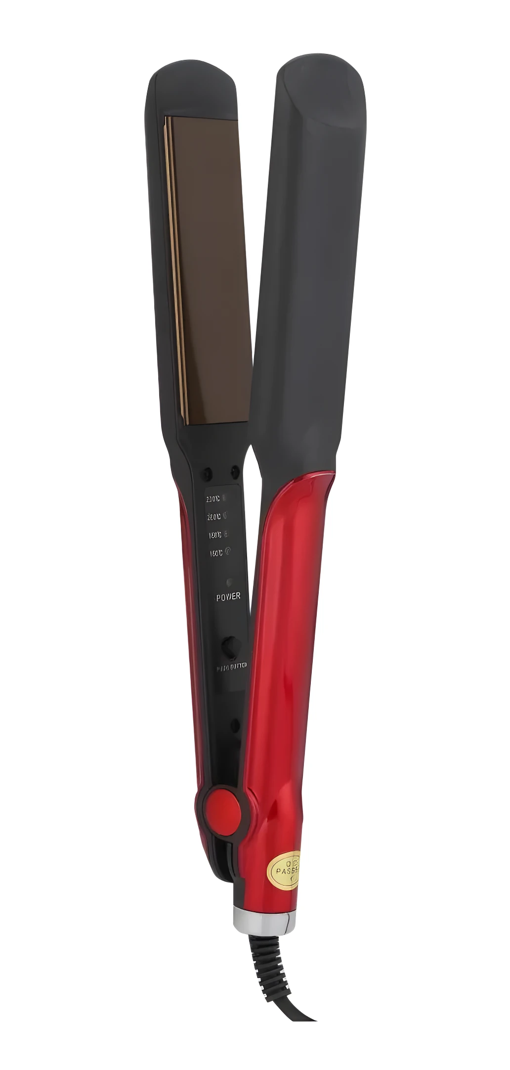 Plancha de cabello Remington roja, dos placas doradas, control de temperatura y botón de encendido.