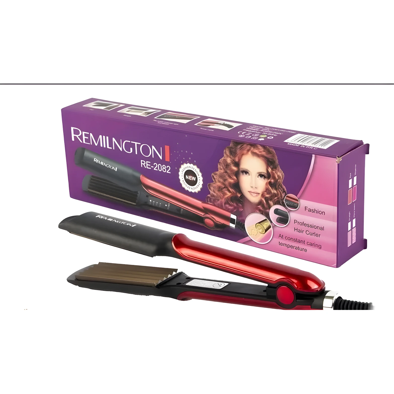 Plancha de cabello Remington RE-2082 roja y negra con placas onduladas, ideal para reducir el frizz y lograr peinados sedosos.