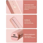 Plancha de cabello inalámbrica color rosa con textura en relieve, muestra detalle de interruptor LED, punta antiescaldaduras y puerto de carga USB-C inferior.