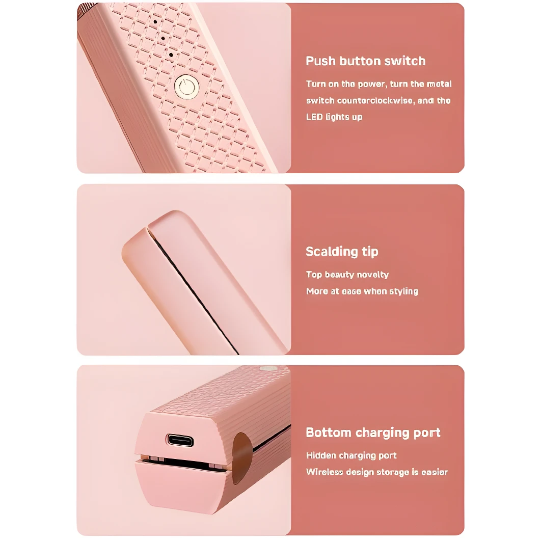 Plancha de cabello inalámbrica color rosa con textura en relieve, muestra detalle de interruptor LED, punta antiescaldaduras y puerto de carga USB-C inferior.