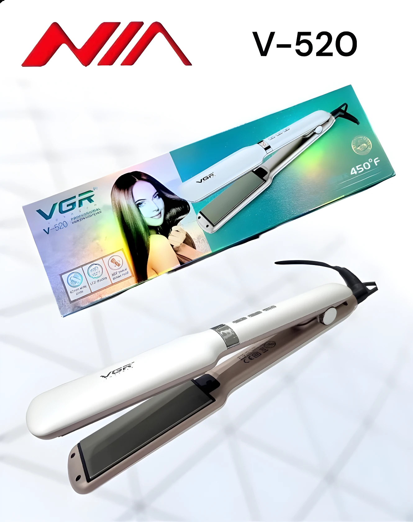Plancha de cabello V-520 blanca con placas flotantes y control de temperatura de 450°F, presentada junto a su caja con diseño ilustrado.