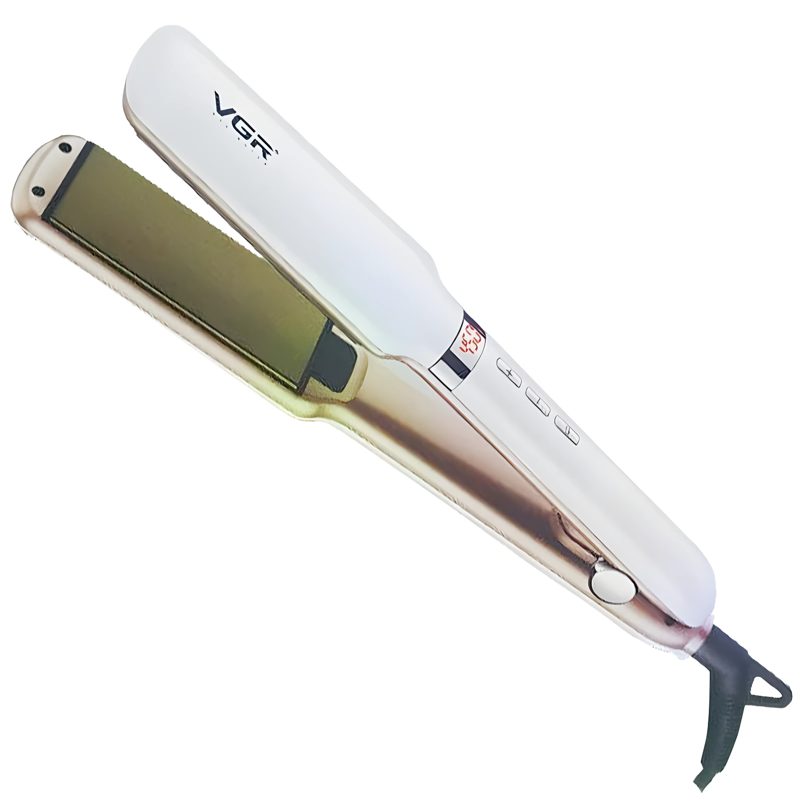Plancha para cabello VGR V-520 de color blanco con placas flotantes doradas, pantalla digital de temperatura y cable giratorio.