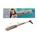 Plancha para cabello V-520 color blanco y champaña con placas flotantes, mostrada junto a su caja original que destaca temperatura máxima de 450 grados F.