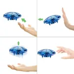 Mini dron azul volador tipo platillo con protectores, controlado por manos, ideal para niños.