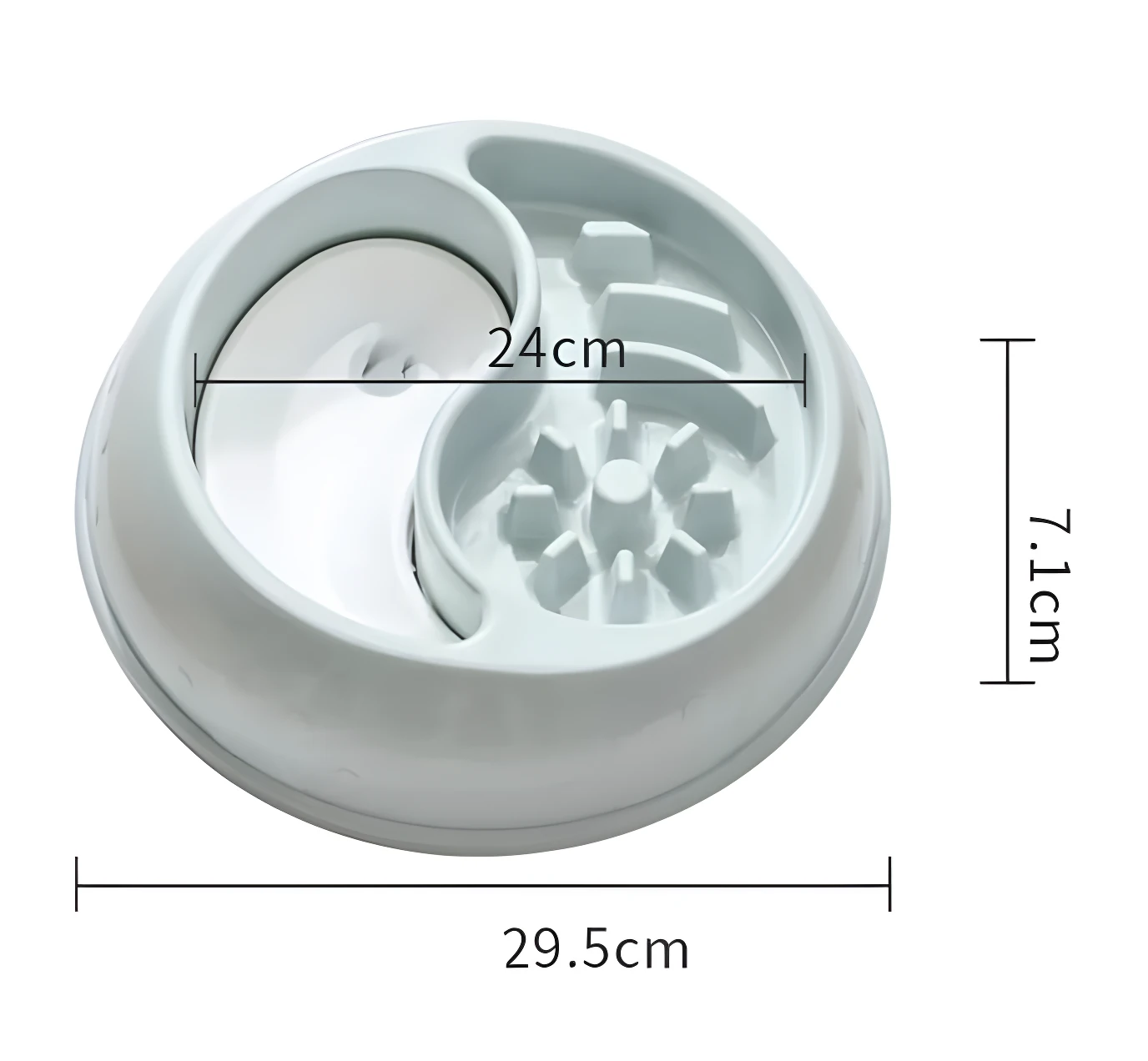 Plato blanco para mascotas de 29.5cm x 7.1cm con diseño de doble compartimento para comida y agua, ideal para prevenir reflujo y mejorar digestión.