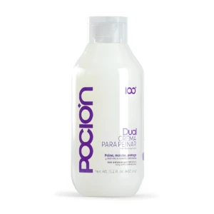 Crema para peinar Poción Dual 450 ml, en envase blanco, con texto morado para estilizar y proteger el cabello.