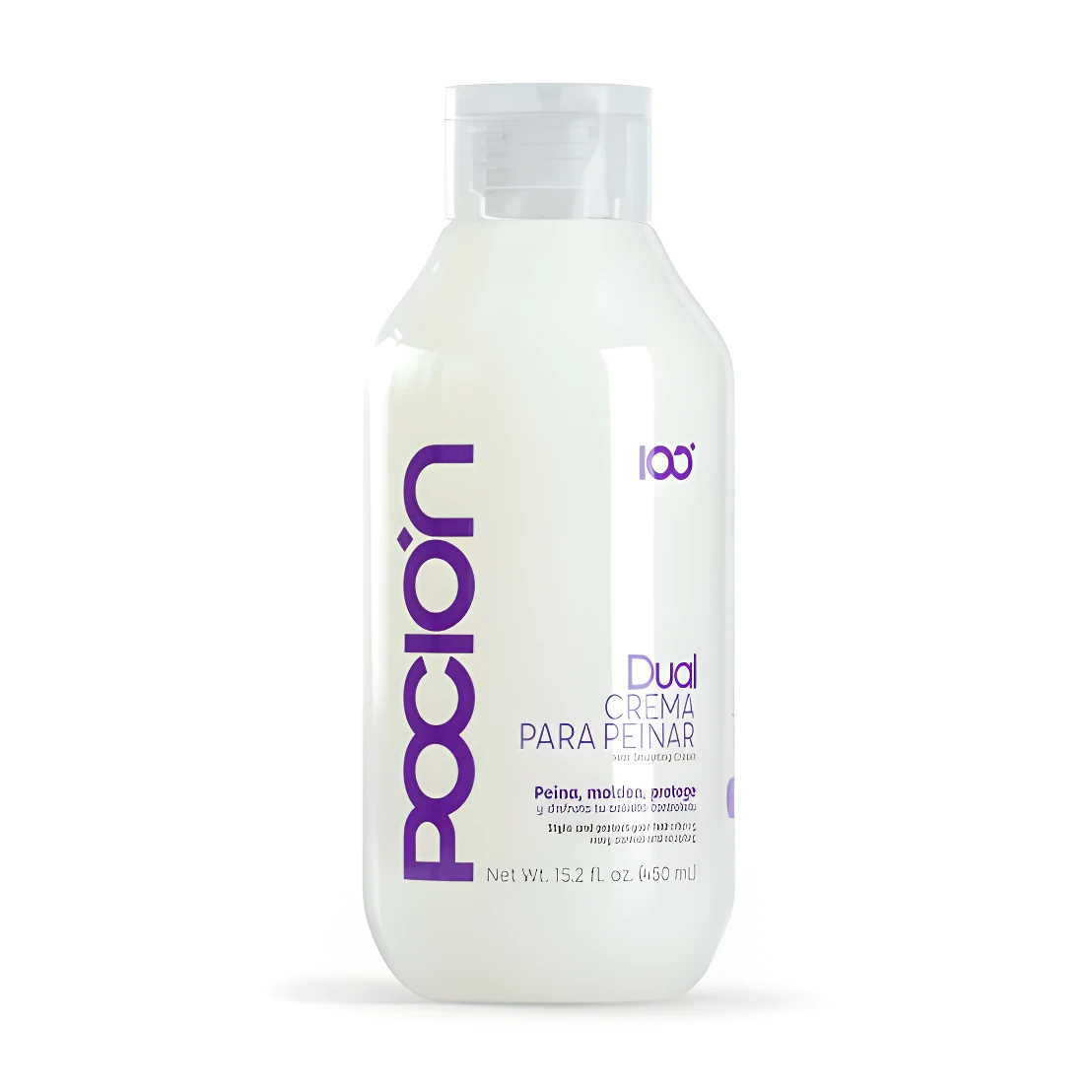Crema para peinar Poción Dual 450 ml, en envase blanco, con texto morado para estilizar y proteger el cabello.
