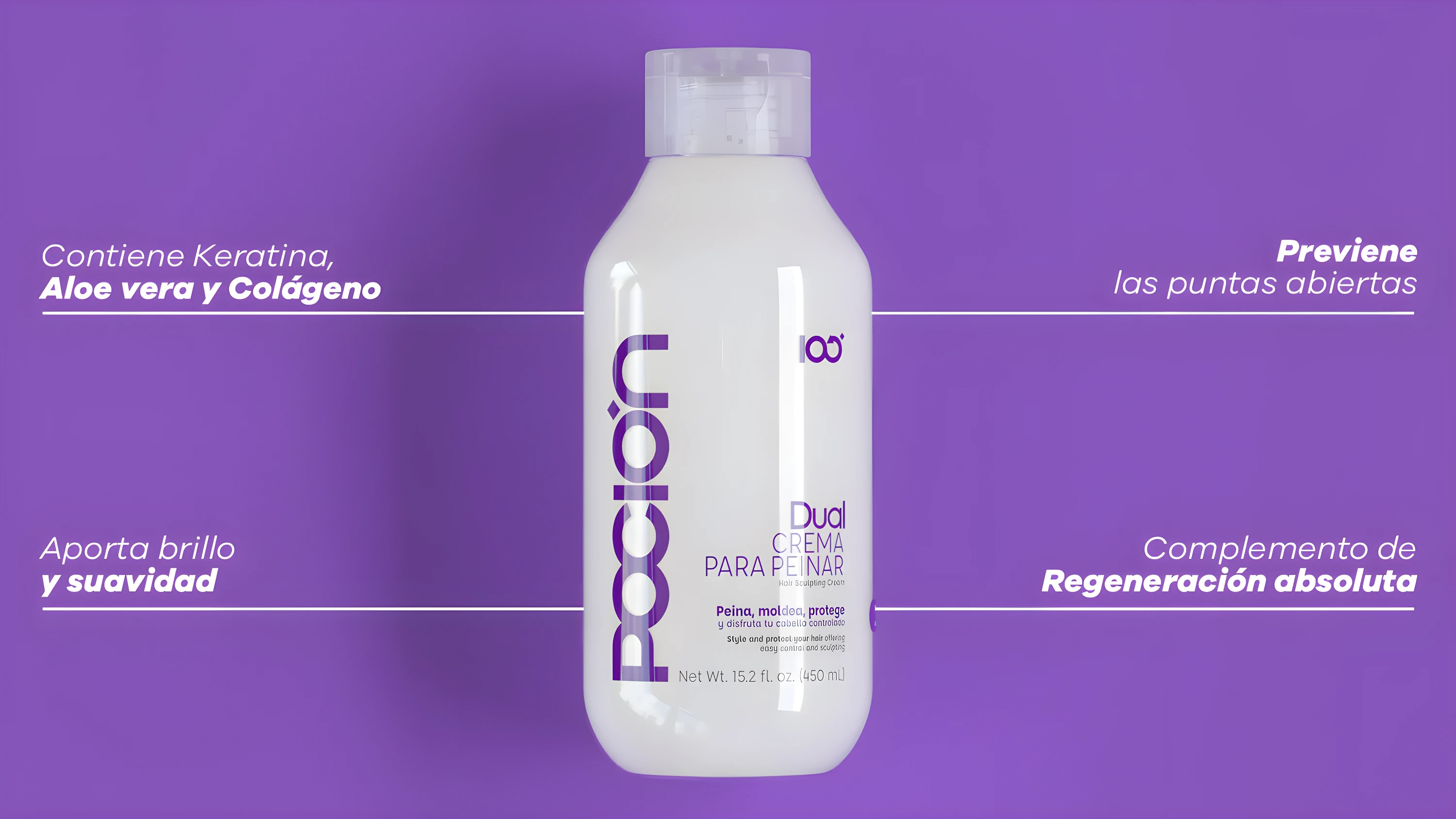 Crema para peinar Poción Dual, 450 ml, con keratina y aloe vera, previene puntas abiertas.