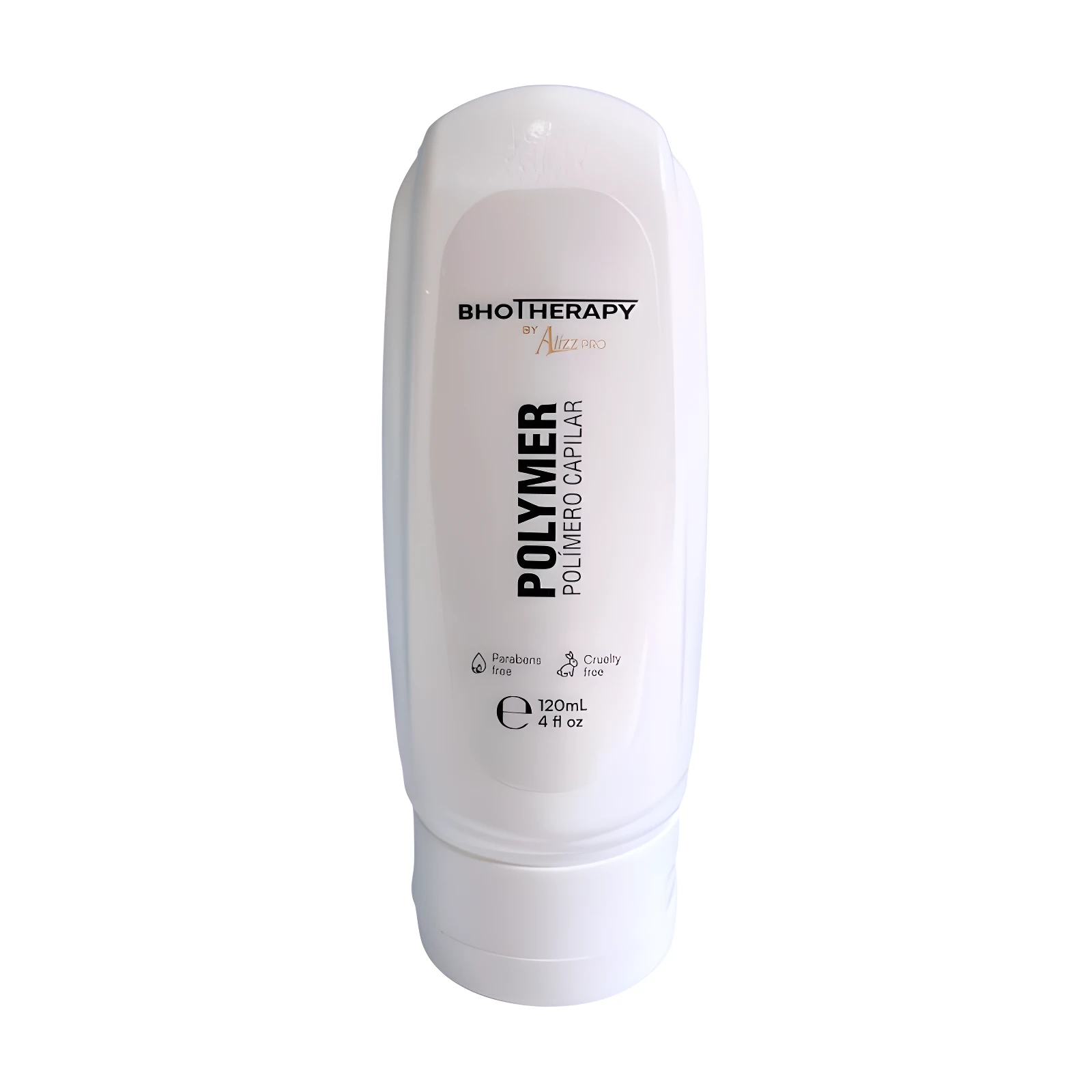 Envase blanco vertical de Polímero Capilar Alizz Pro, tratamiento de 120 ml con etiquetas indicando que es libre de parabenos y libre de crueldad animal.