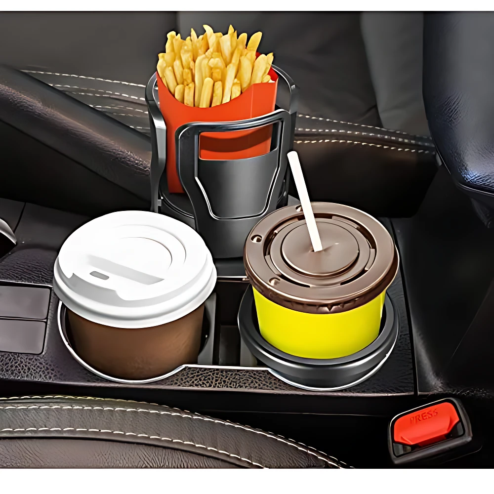 Set x2 portavasos auto con papas fritas, café y bebida amarilla. Negro y gris.