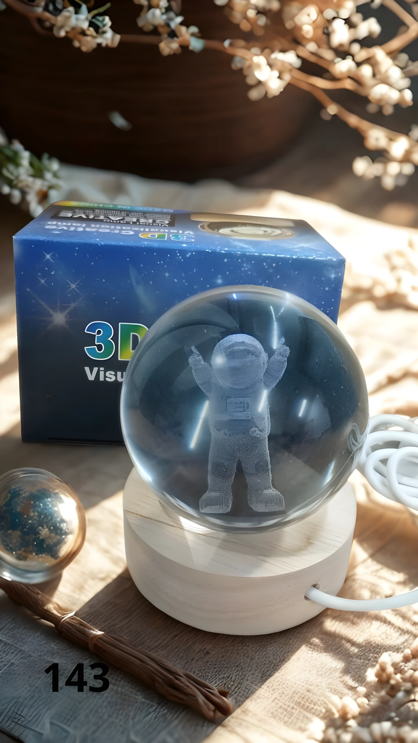Esferas de cristal con astronautas 3D sobre bases de madera, junto a caja y cable blanco.