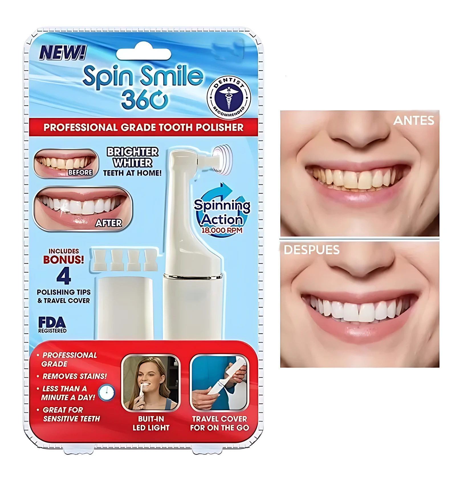 Pulidor dental portátil Spin Smile 360° blanco, 4 puntas de pulido, luz LED, protege y embellece tu sonrisa.