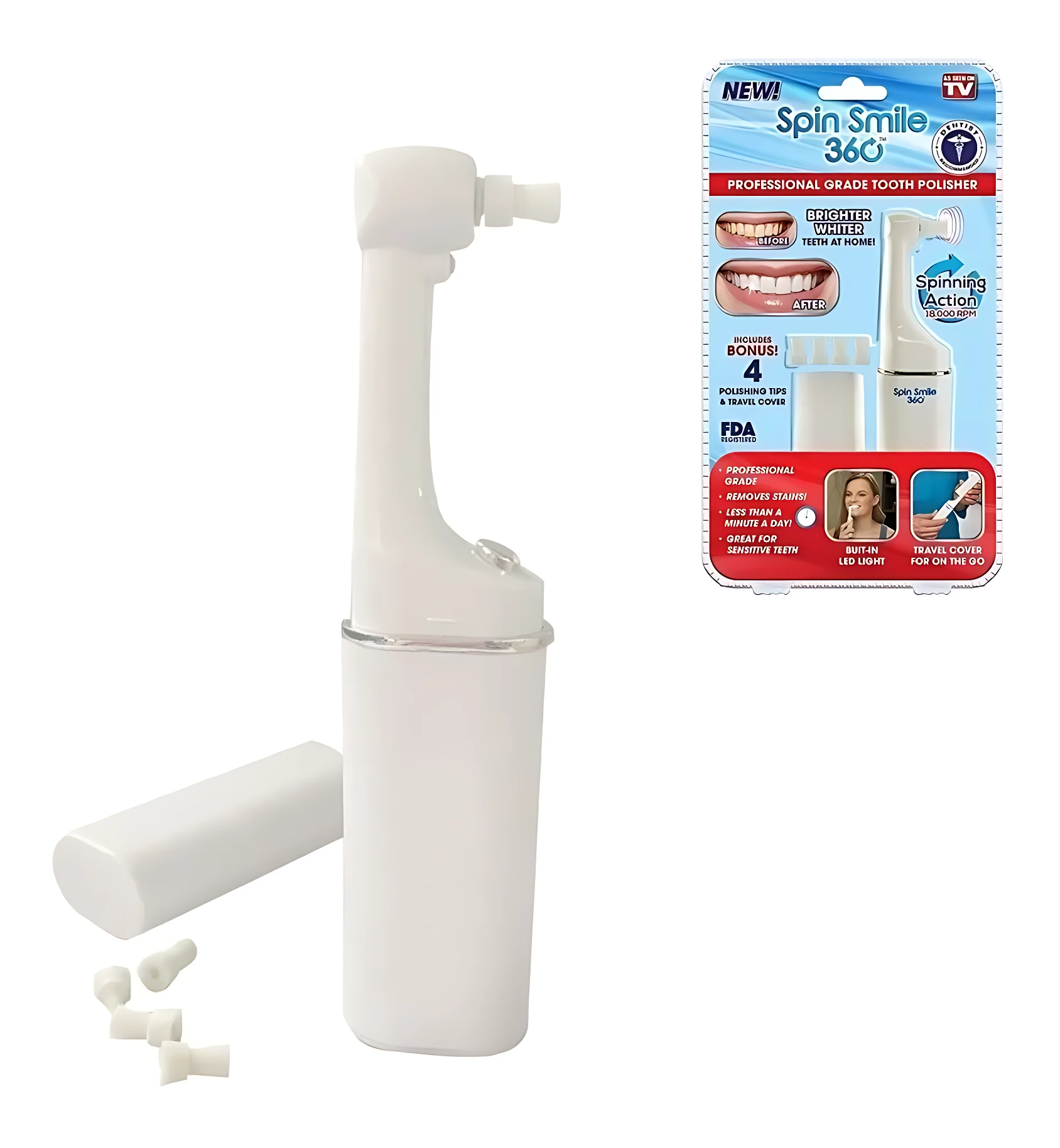 Pulidor dental portátil blanco Spin Smile 360°, con 4 puntas de pulido y cubierta de viaje.