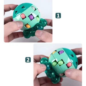 Pulpo spinner didáctico verde con bolitas de colores en movimiento, sostenido por manos.