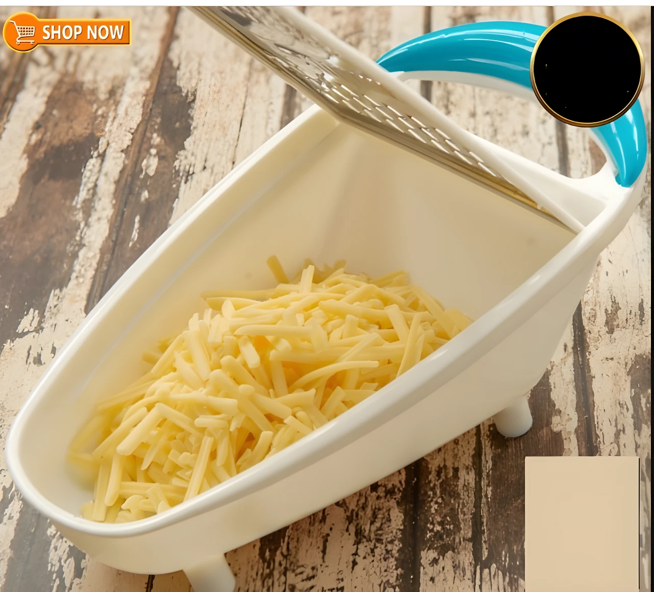 Rallador blanco con asa azul y queso rallado en su contenedor, ideal para cocina.